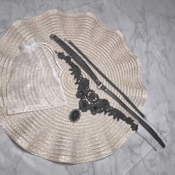 Romantic Goth Choker Bundle Quantity 3 Genuine Leather & Lace Layering 17" Gift - Picture 2 of 7